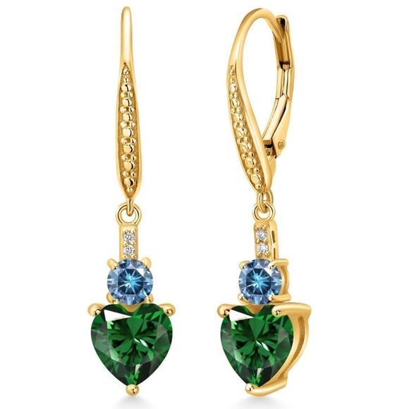 18K Yellow Gold with 2.49 Cttw Emerald and Blue Moissanite Heart Drop Earrings - Picture 1 of 4